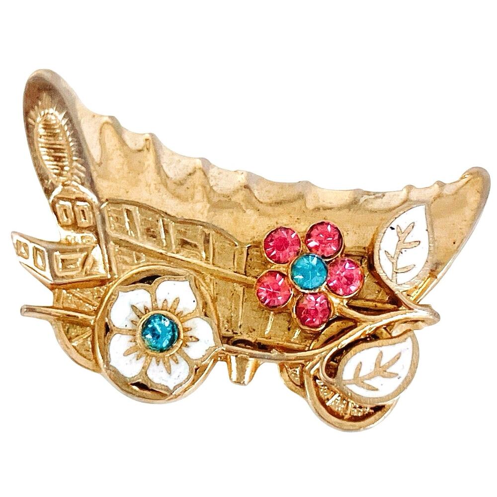 Vintage Mid Century Covered Wagon Pink Rhinestone Figural Brooch Western Jewelry
